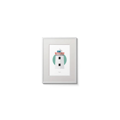 Illustration of Kilcredaun lighthouse on a white background inside light blue square,  in a white frame measuring 15x20cm.