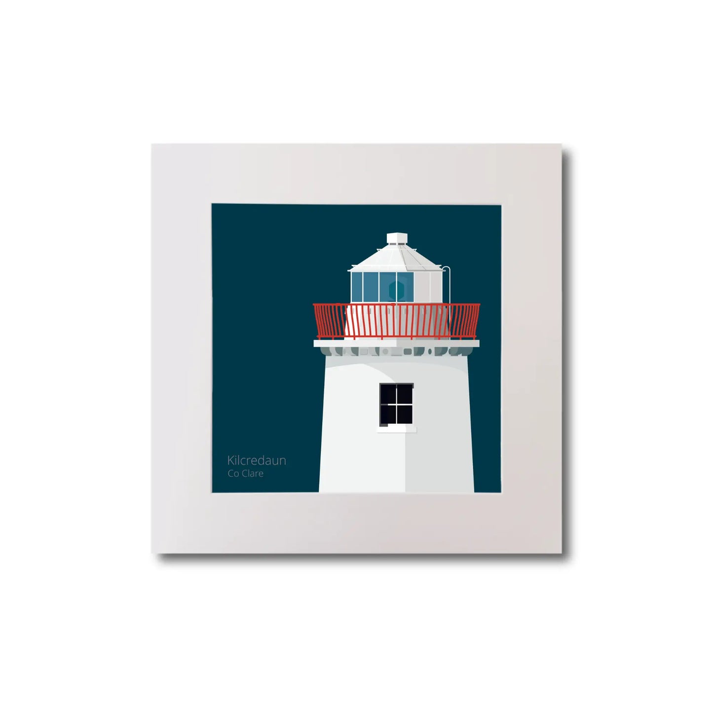 Illustration of Kilcredaun lighthouse on a midnight blue background, mounted and measuring 20x20cm.