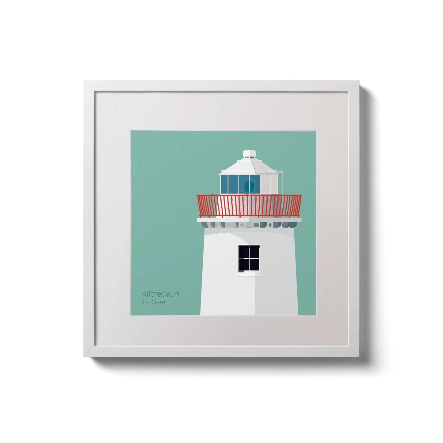 Illustration of Kilcredaun lighthouse on an ocean green background,  in a white square frame measuring 20x20cm.
