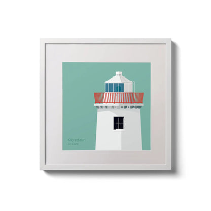 Illustration of Kilcredaun lighthouse on an ocean green background,  in a white square frame measuring 20x20cm.