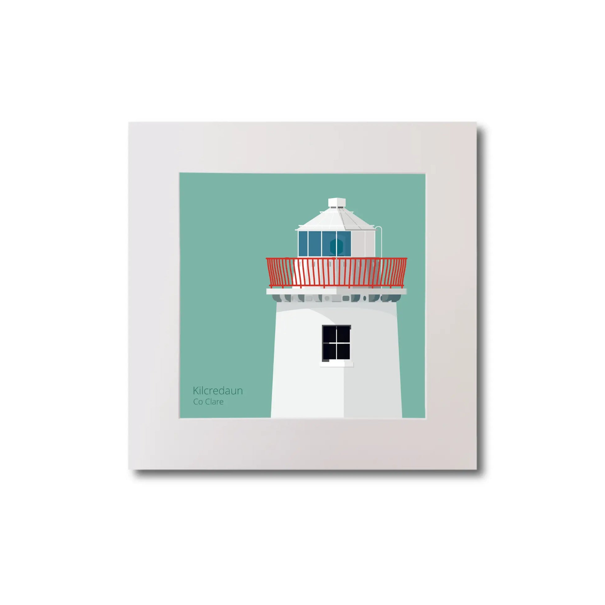 Illustration of Kilcredaun lighthouse on an ocean green background, mounted and measuring 20x20cm.