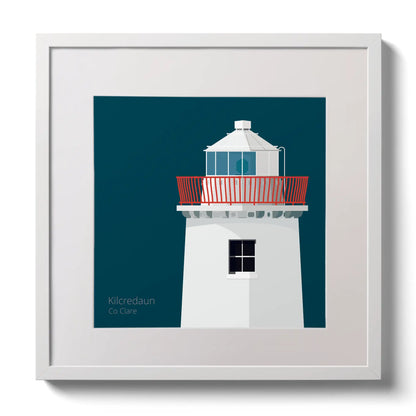 Illustration of Kilcredaun lighthouse on a midnight blue background,  in a white square frame measuring 30x30cm.