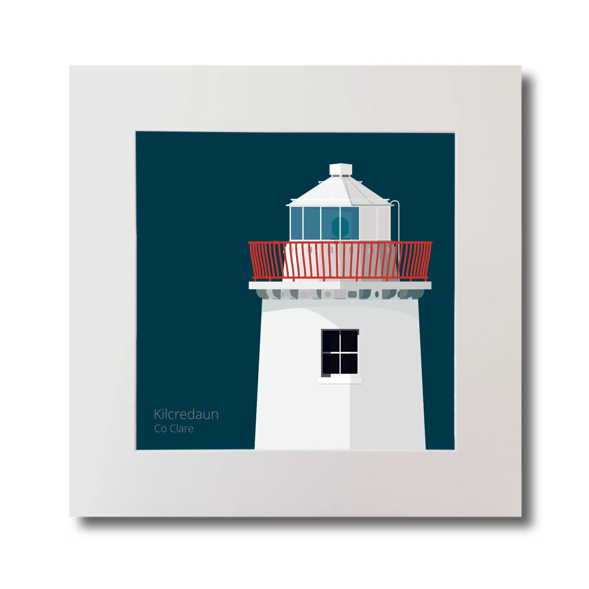 Illustration of Kilcredaun lighthouse on a midnight blue background, mounted and measuring 30x30cm.