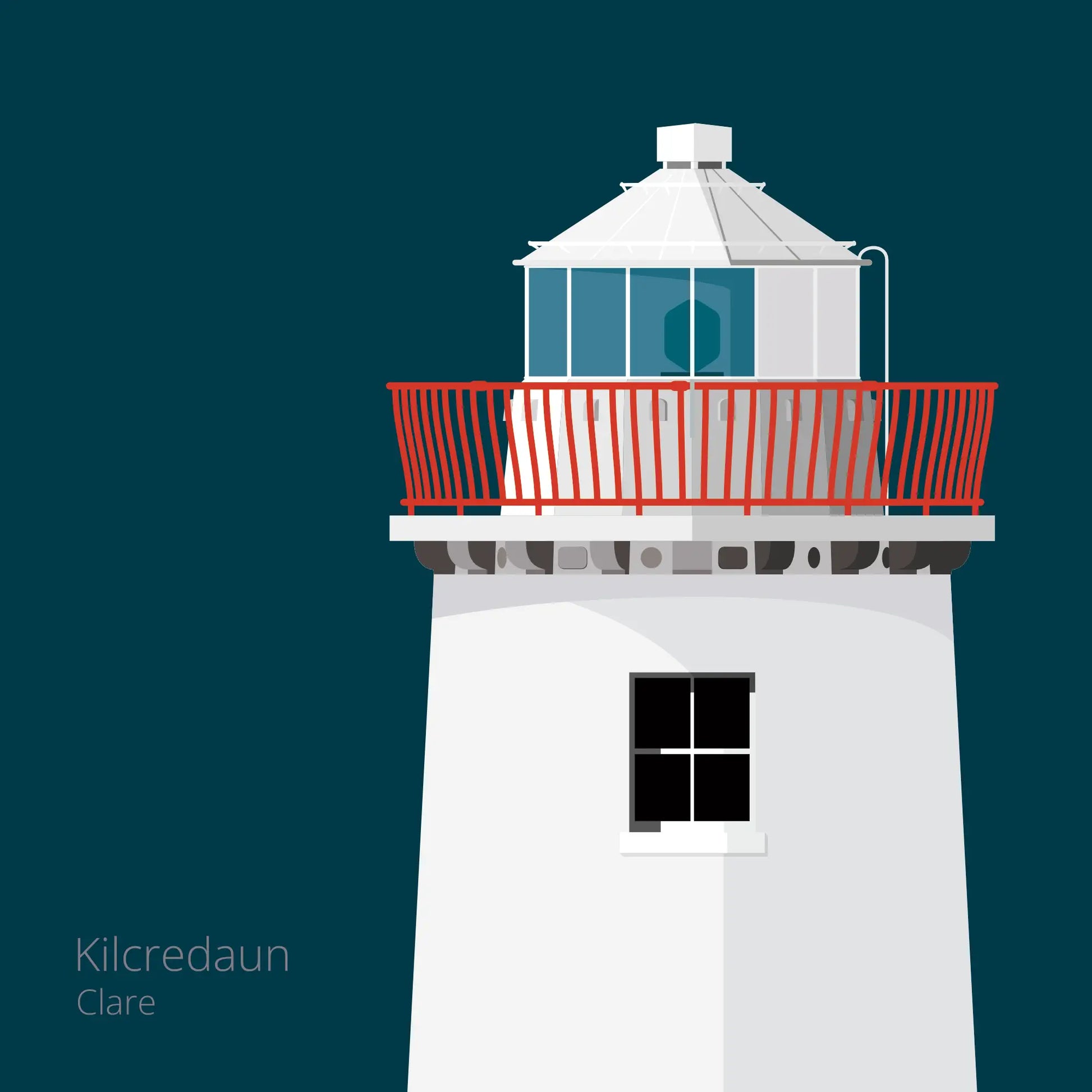 Illustration of Kilcredaun lighthouse on a midnight blue background