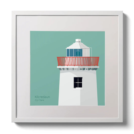 Illustration of Kilcredaun lighthouse on an ocean green background,  in a white square frame measuring 30x30cm.