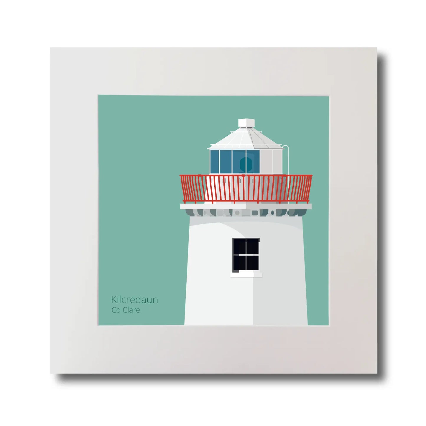 Illustration of Kilcredaun lighthouse on an ocean green background, mounted and measuring 30x30cm.