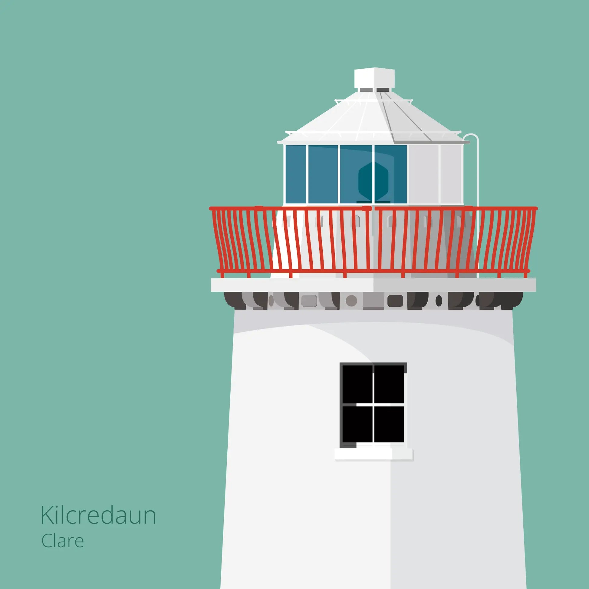 Illustration of Kilcredaun lighthouse on an ocean green background