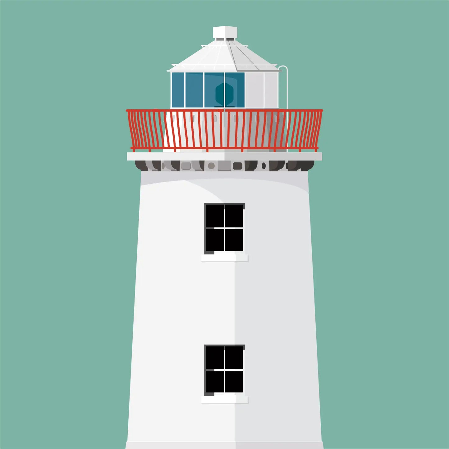 Illustration of Kilcredaun lighthouse on a white background inside light blue square.