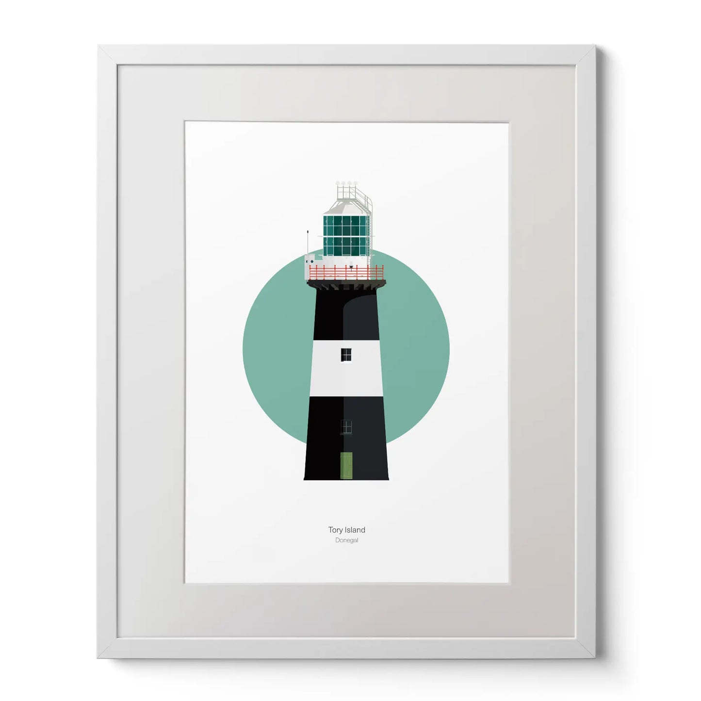 Illustration of Tory Island lighthouse on a white background inside light blue square, mounted and measuring 40x50cm.