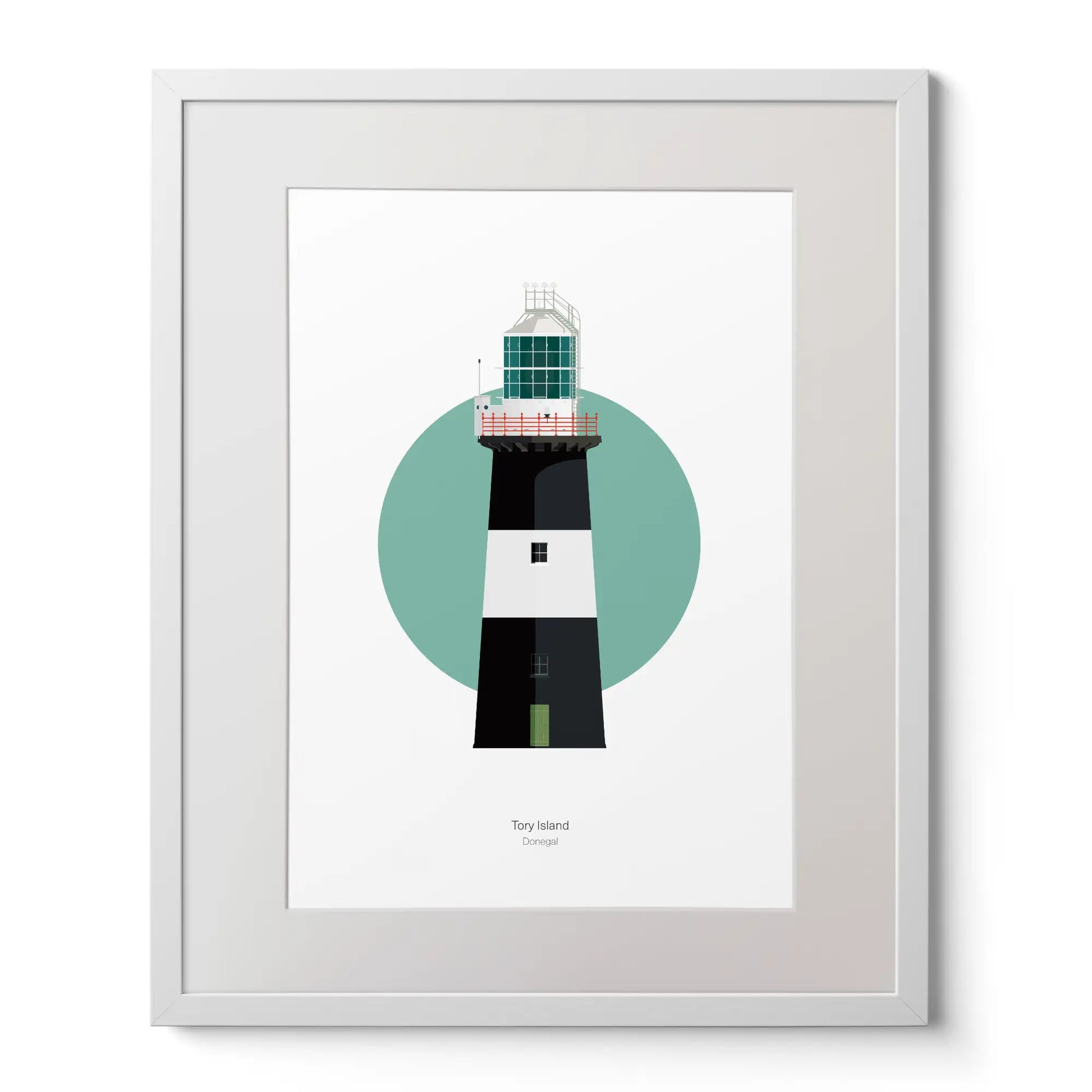 Illustration of Tory Island lighthouse on a white background inside light blue square, mounted and measuring 40x50cm.