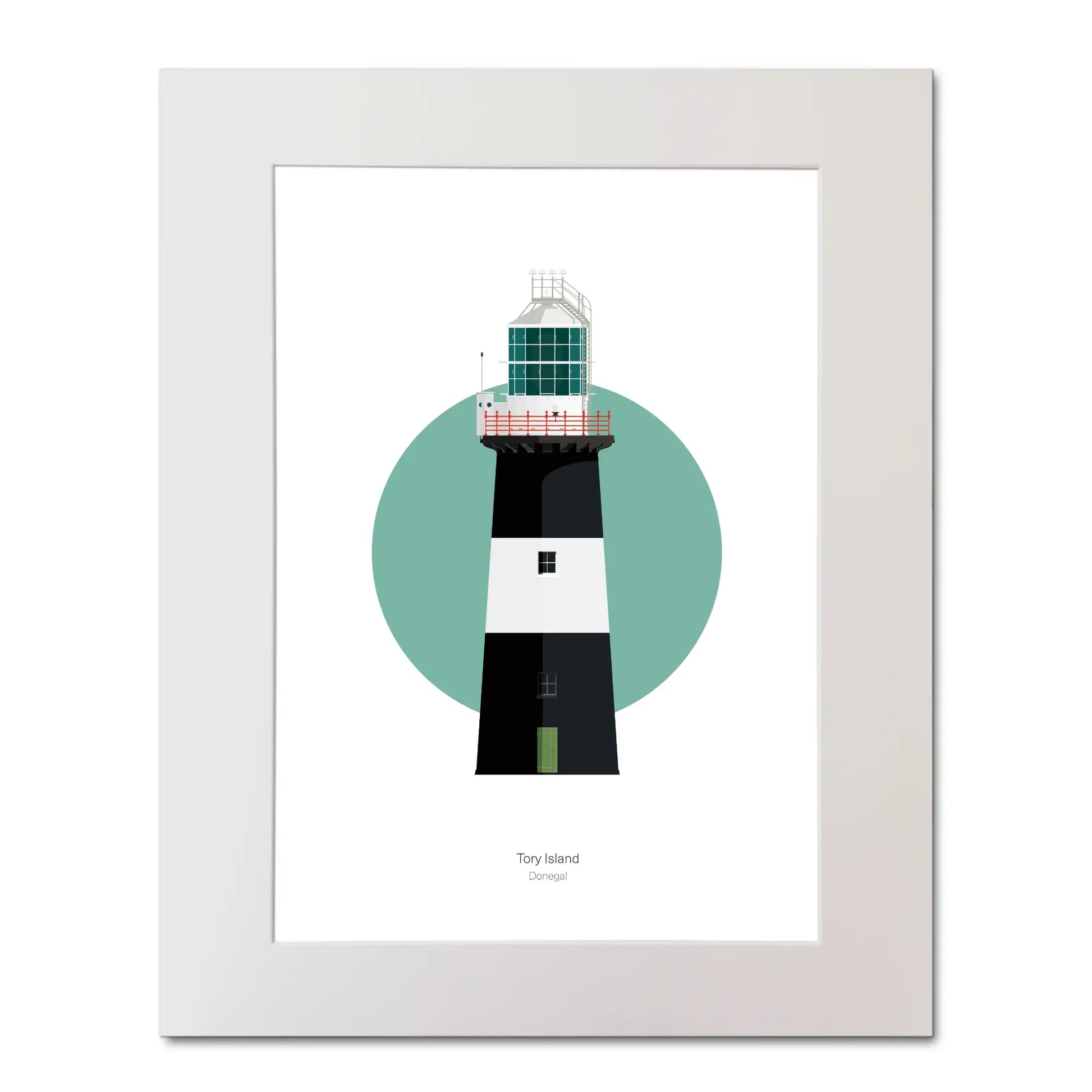 Illustration of Tory Island lighthouse on a white background inside light blue square,  in a white frame measuring 40x50cm.
