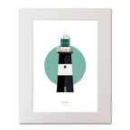 Illustration of Tory Island lighthouse on a white background inside light blue square,  in a white frame measuring 40x50cm.
