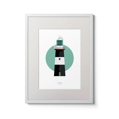 Illustration of Tory Island lighthouse on a white background inside light blue square,  in a white frame measuring 30x40cm.