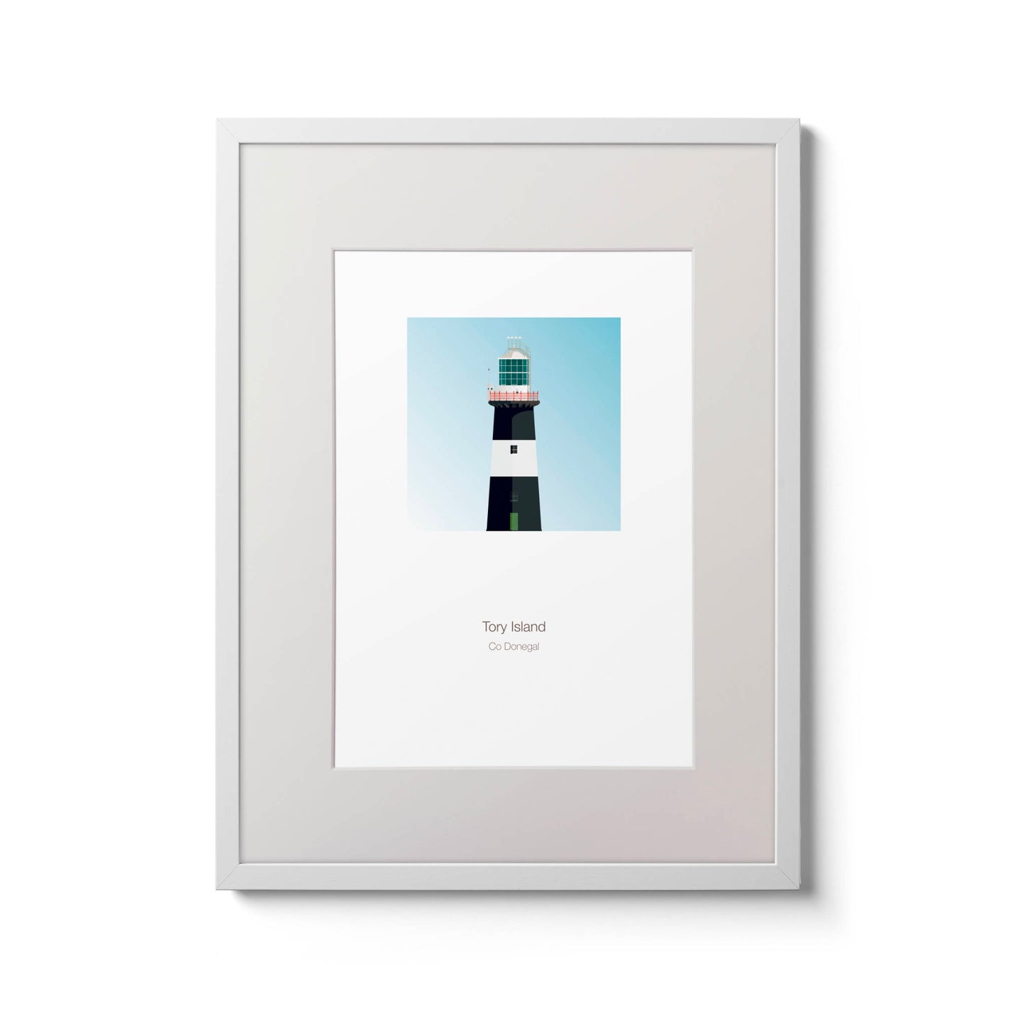 Illustration of Tory Island lighthouse on a white background inside light blue square,  in a white frame measuring 30x40cm.