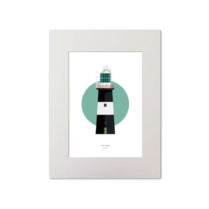 Illustration of Tory Island lighthouse on a white background inside light blue square, mounted and measuring 30x40cm.