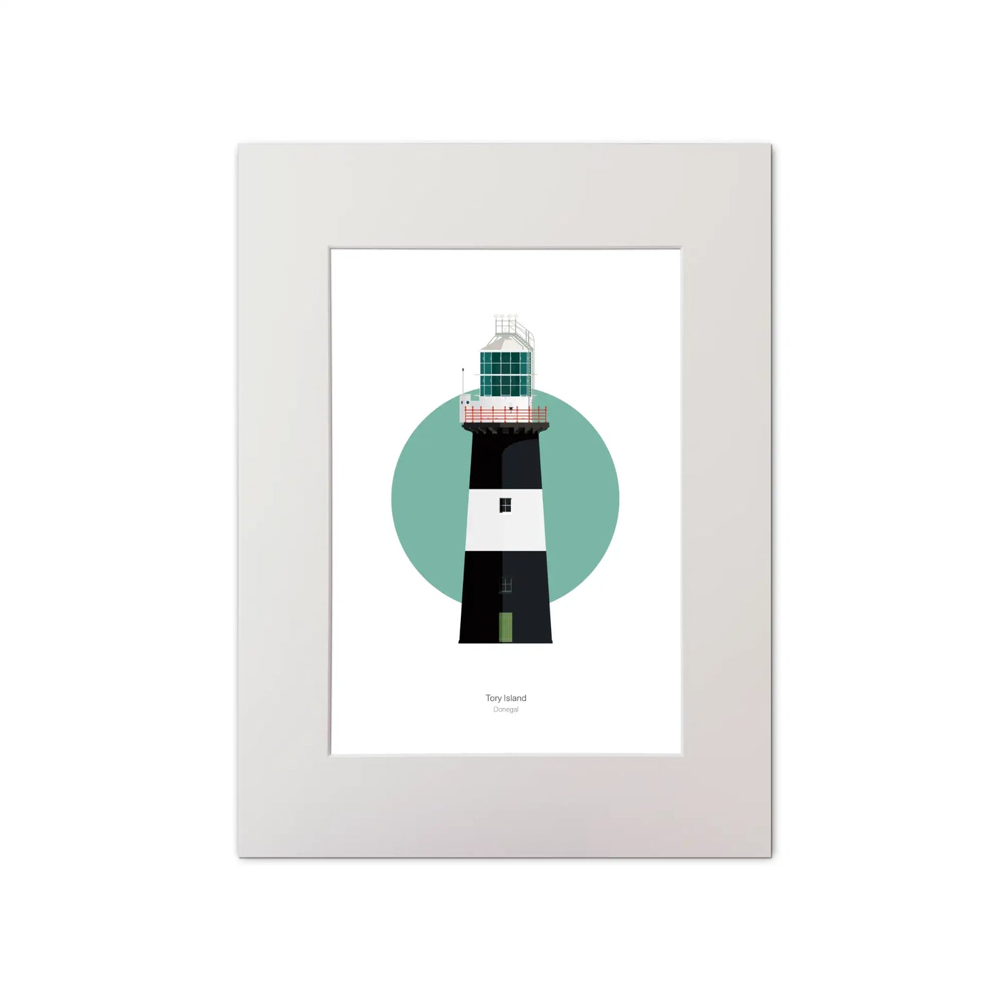 Illustration of Tory Island lighthouse on a white background inside light blue square, mounted and measuring 30x40cm.