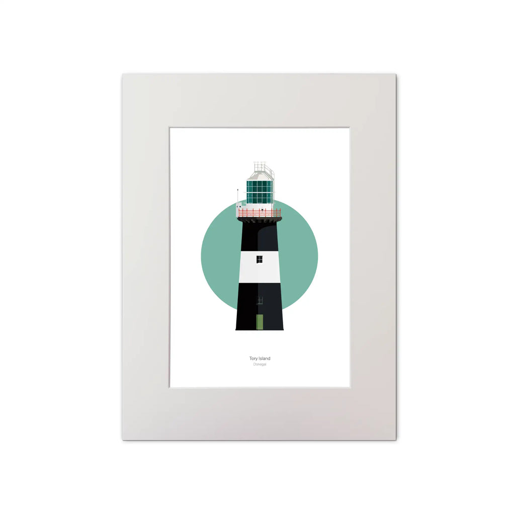Illustration of Tory Island lighthouse on a white background inside light blue square, mounted and measuring 30x40cm.