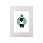 Illustration of Tory Island lighthouse on a white background inside light blue square, mounted and measuring 30x40cm.