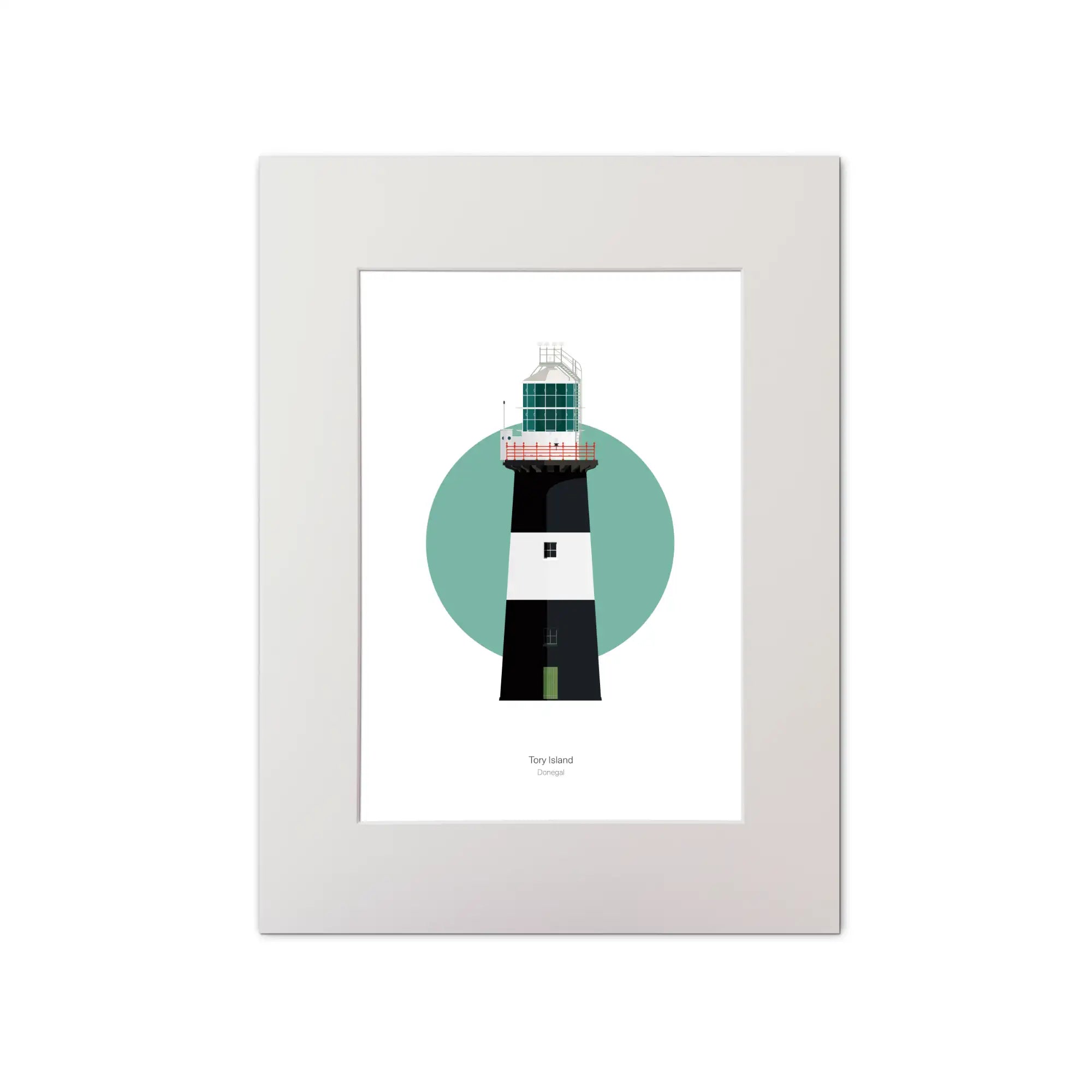 Illustration of Tory Island lighthouse on a white background inside light blue square, mounted and measuring 30x40cm.
