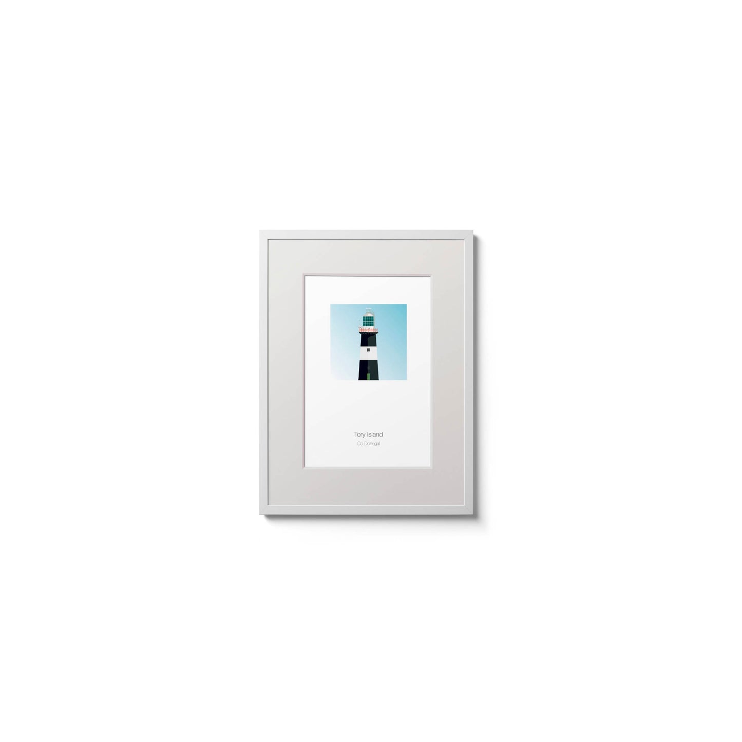 Illustration of Tory Island lighthouse on a white background inside light blue square,  in a white frame measuring 15x20cm.