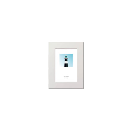 Illustration of Tory Island lighthouse on a white background inside light blue square, mounted and measuring 15x20cm.
