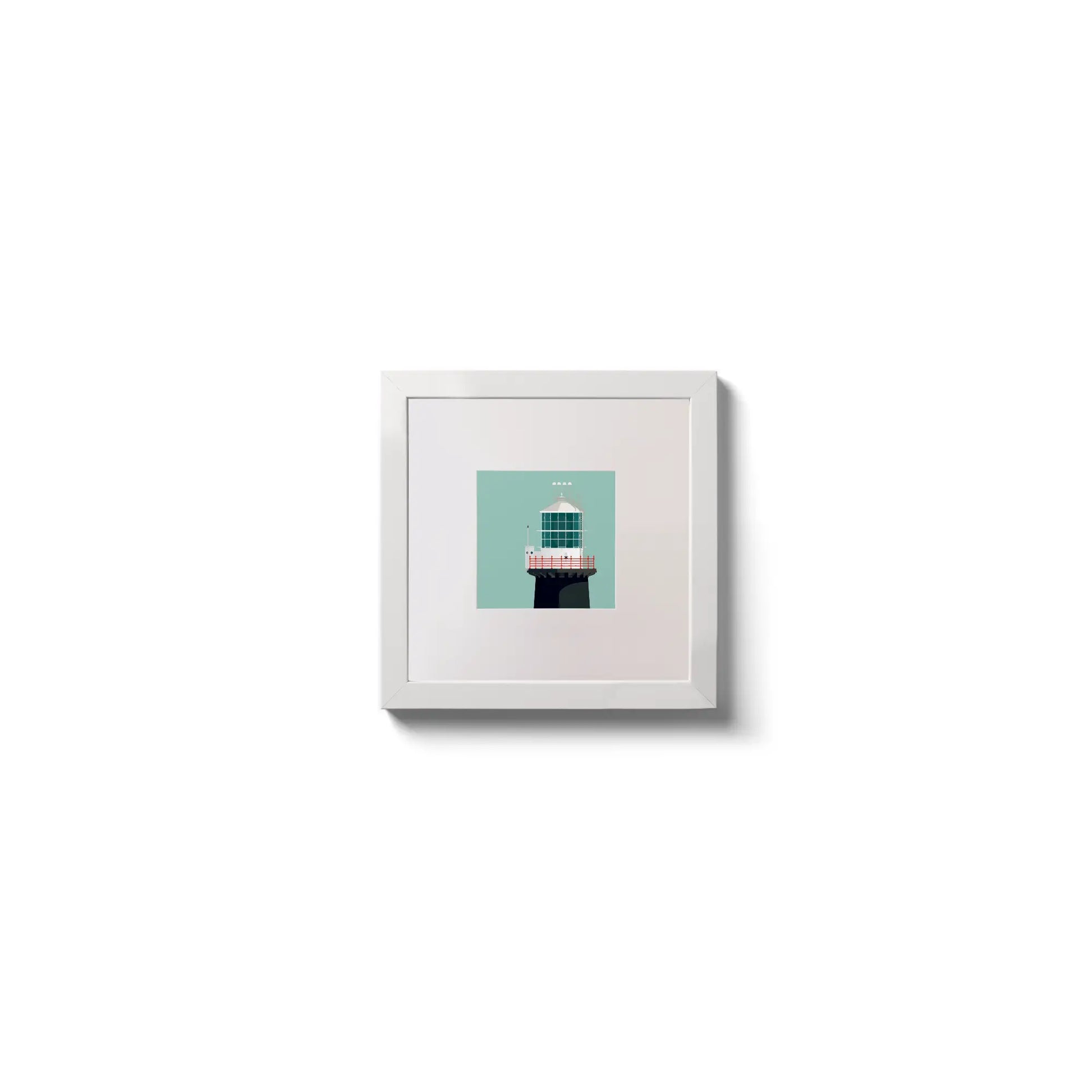 Illustration of Tory Island lighthouse on an ocean green background,  in a white square frame measuring 10x10cm.
