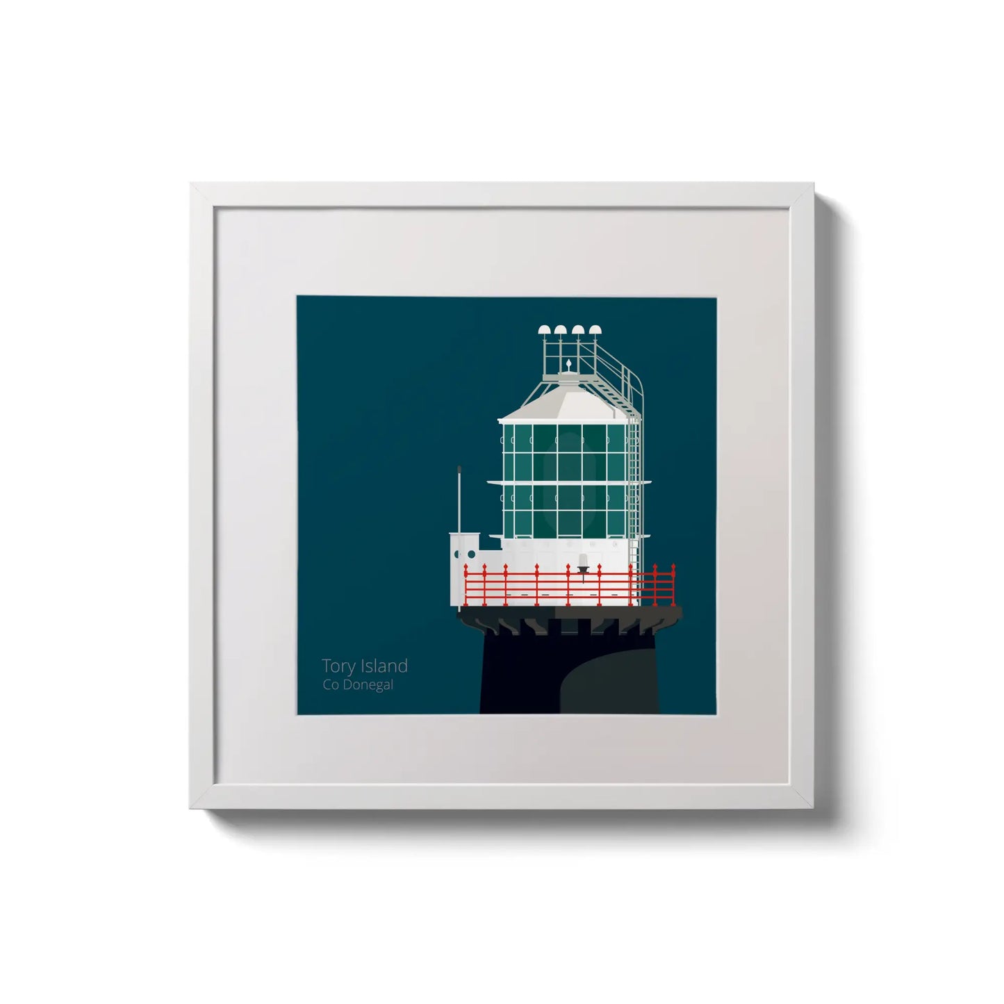 Illustration of Tory Island lighthouse on a midnight blue background,  in a white square frame measuring 20x20cm.