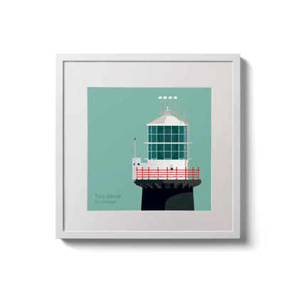 Illustration of Tory Island lighthouse on an ocean green background,  in a white square frame measuring 20x20cm.