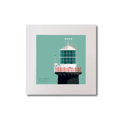 Illustration of Tory Island lighthouse on an ocean green background, mounted and measuring 20x20cm.