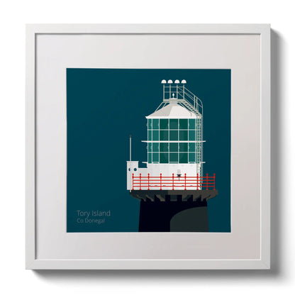 Illustration of Tory Island lighthouse on a midnight blue background,  in a white square frame measuring 30x30cm.