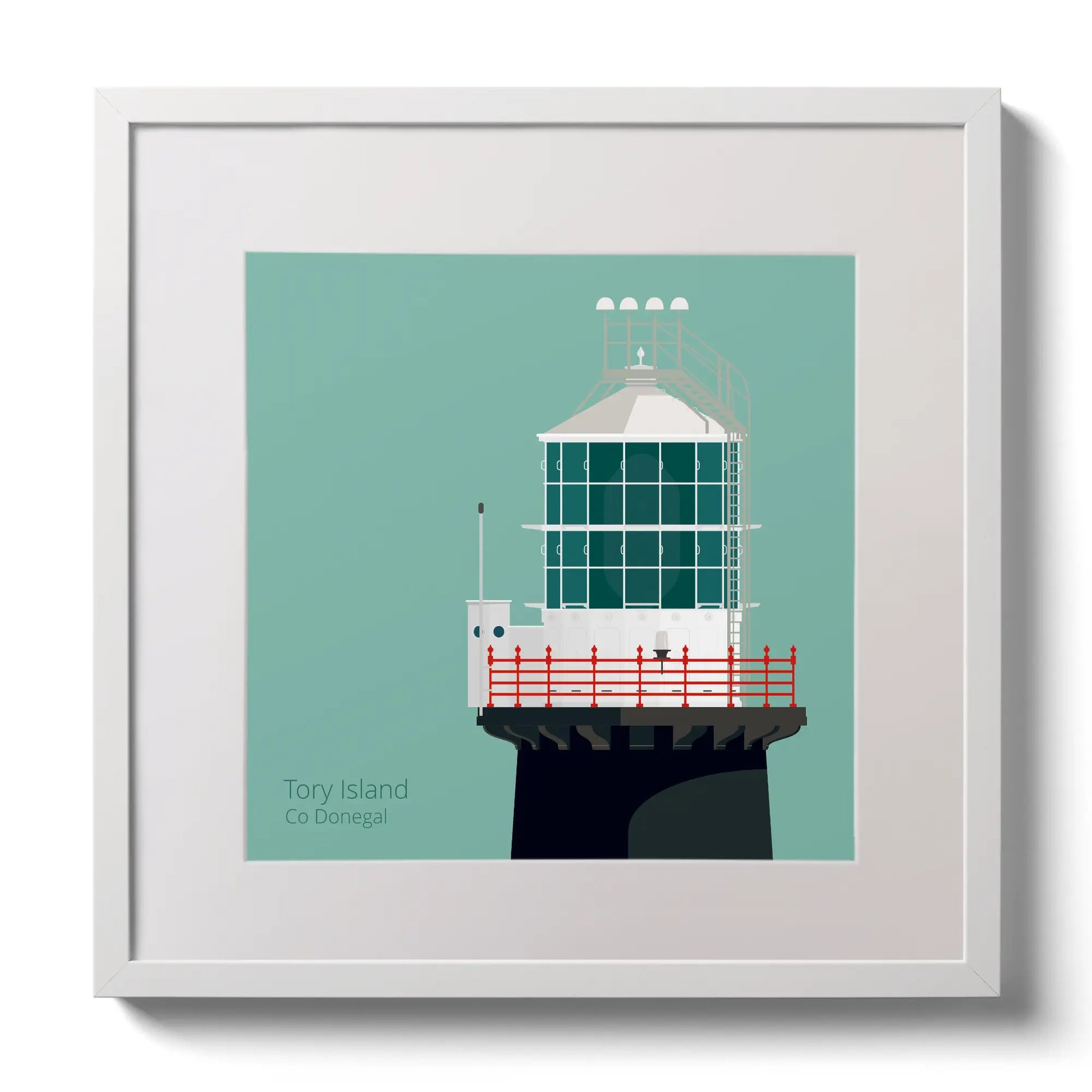 Illustration of Tory Island lighthouse on an ocean green background,  in a white square frame measuring 30x30cm.