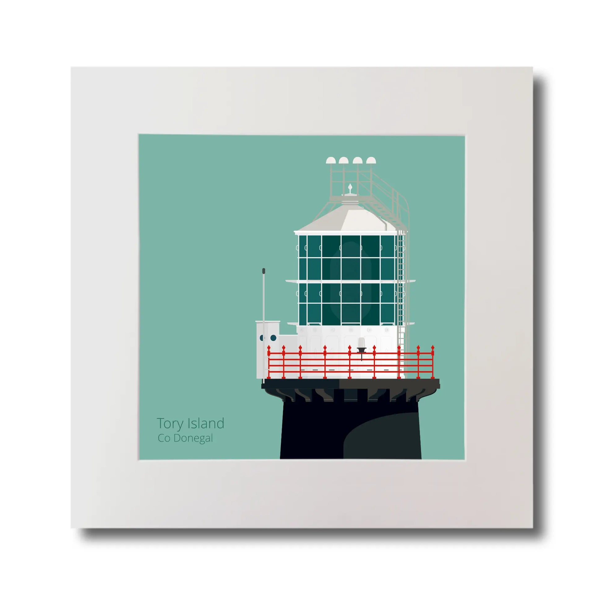 Illustration of Tory Island lighthouse on an ocean green background, mounted and measuring 30x30cm.