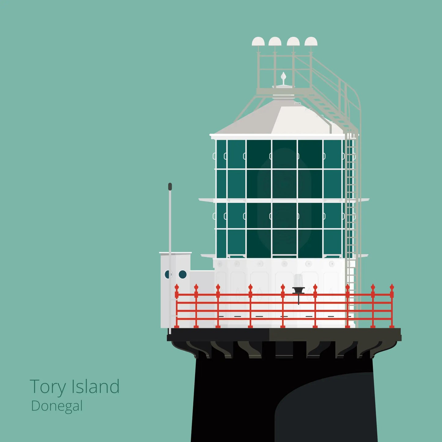 Illustration of Tory Island lighthouse on an ocean green background