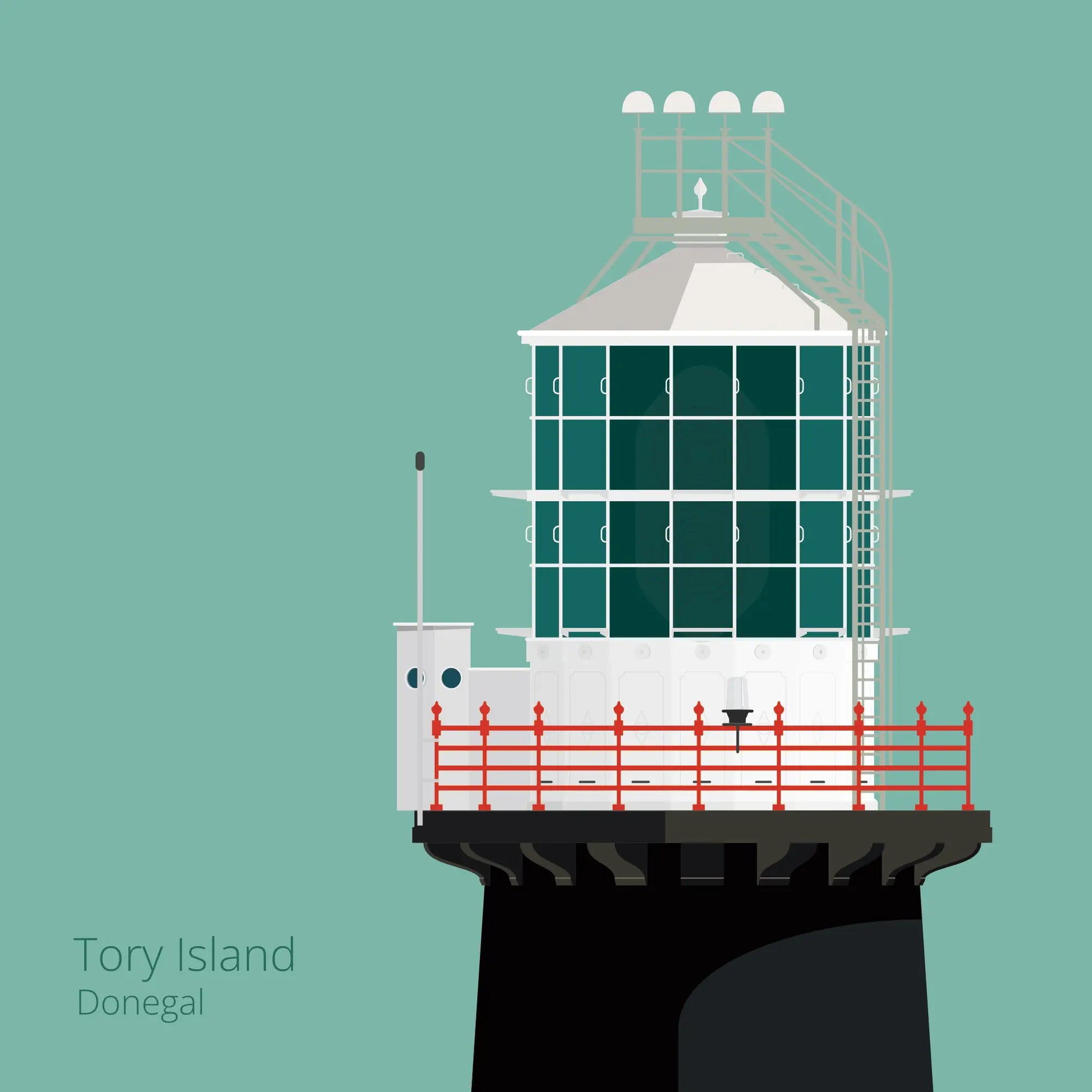 Illustration of Tory Island lighthouse on an ocean green background