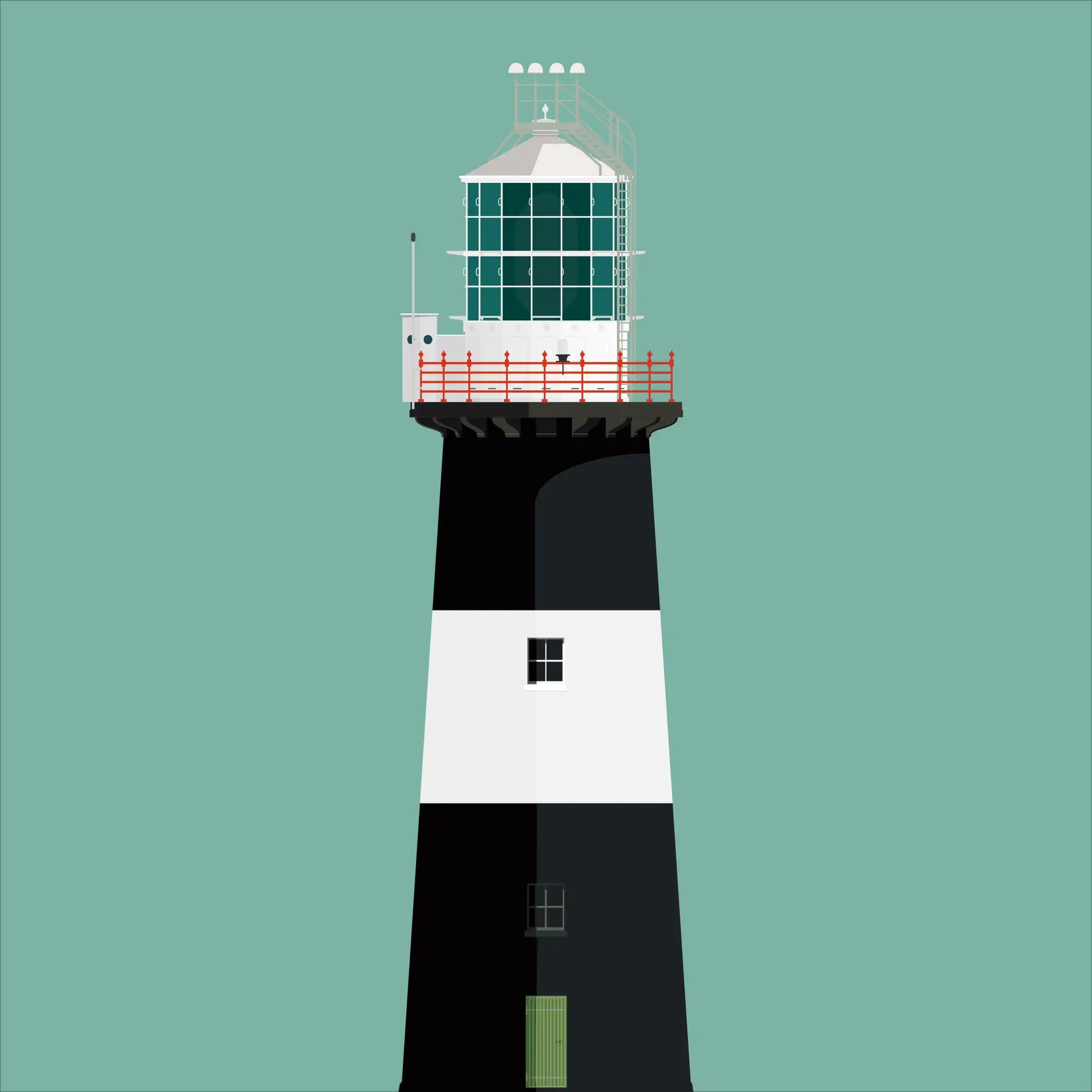 Illustration of Tory Island lighthouse on a white background inside light blue square.