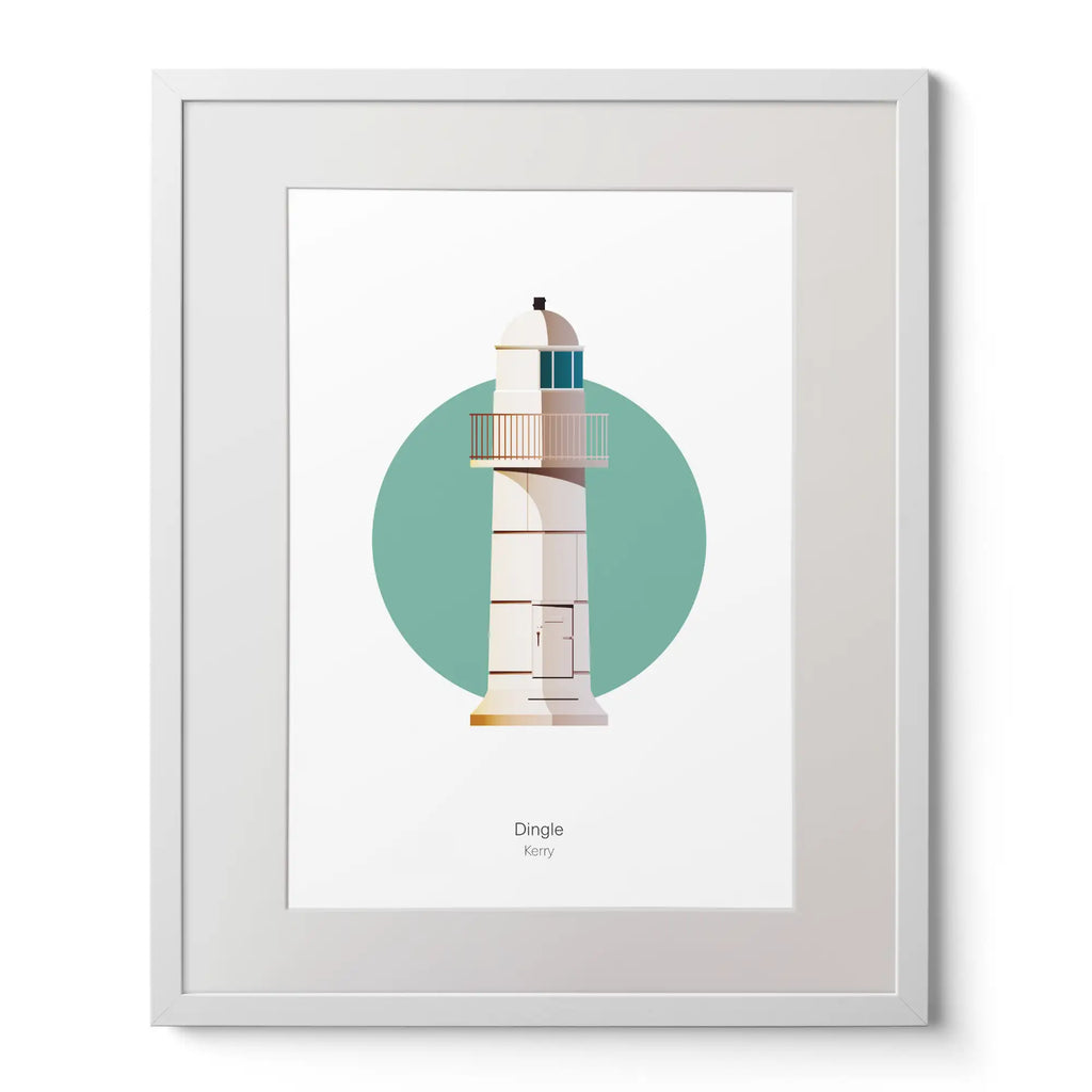 Illustration of Dingle lighthouse on a white background inside light blue square,  in a white frame measuring 40x50cm.