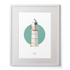 Illustration of Dingle lighthouse on a white background inside light blue square,  in a white frame measuring 40x50cm.