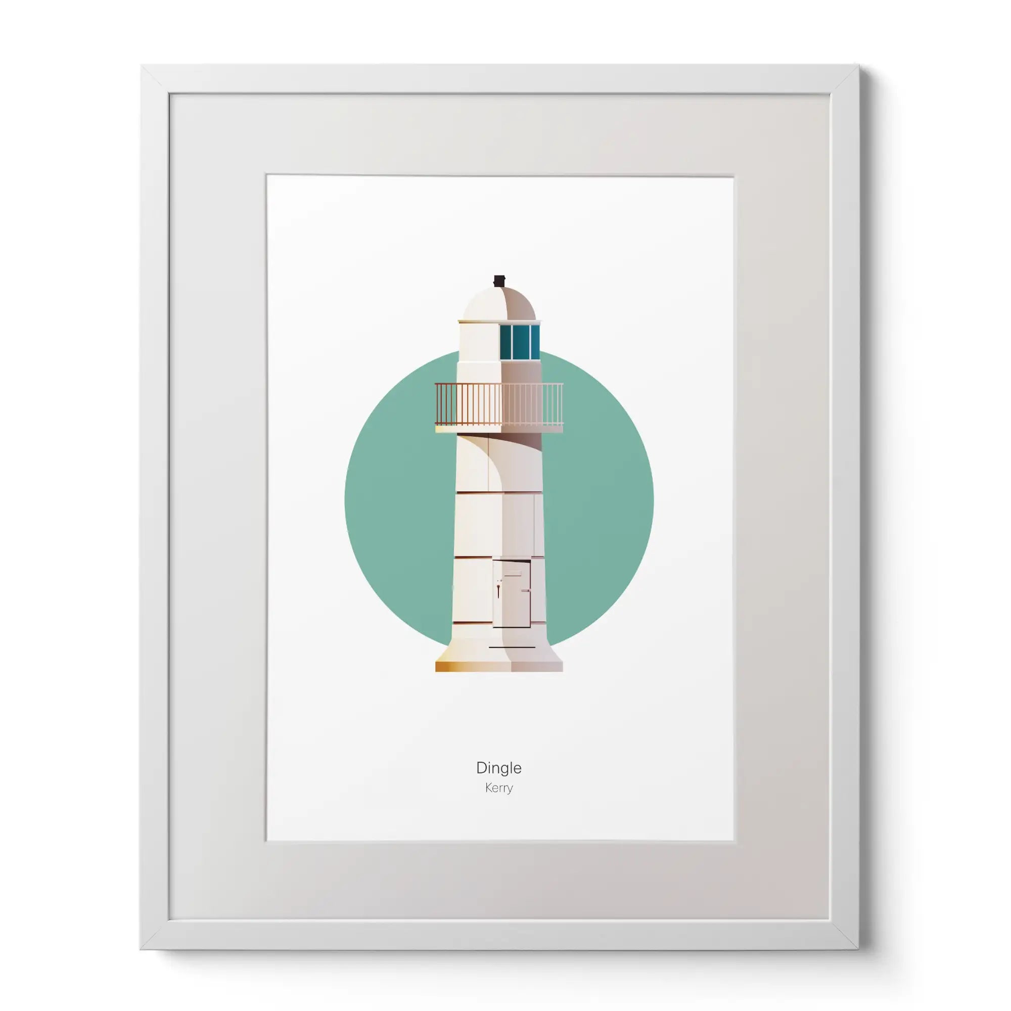 Illustration of Dingle lighthouse on a white background inside light blue square,  in a white frame measuring 40x50cm.