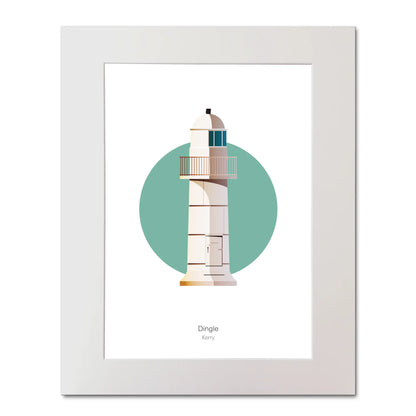 Illustration of Dingle lighthouse on a white background inside light blue square, mounted and measuring 40x50cm.