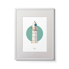 Illustration of Dingle lighthouse on a white background inside light blue square,  in a white frame measuring 30x40cm.