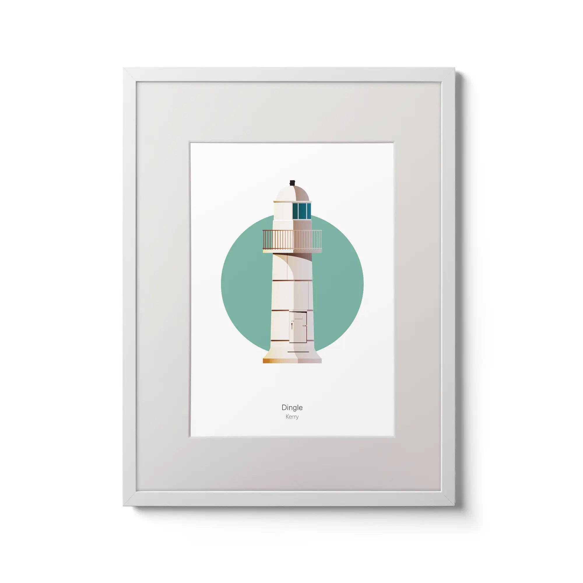 Illustration of Dingle lighthouse on a white background inside light blue square,  in a white frame measuring 30x40cm.