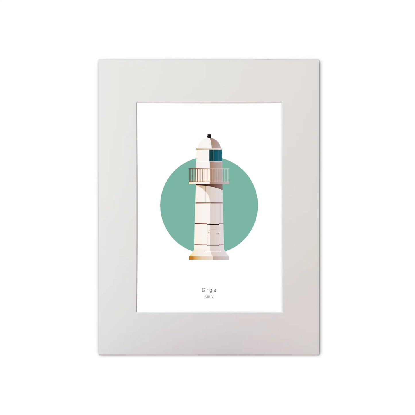 Illustration of Dingle lighthouse on a white background inside light blue square, mounted and measuring 30x40cm.