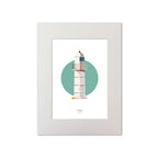 Illustration of Dingle lighthouse on a white background inside light blue square, mounted and measuring 30x40cm.