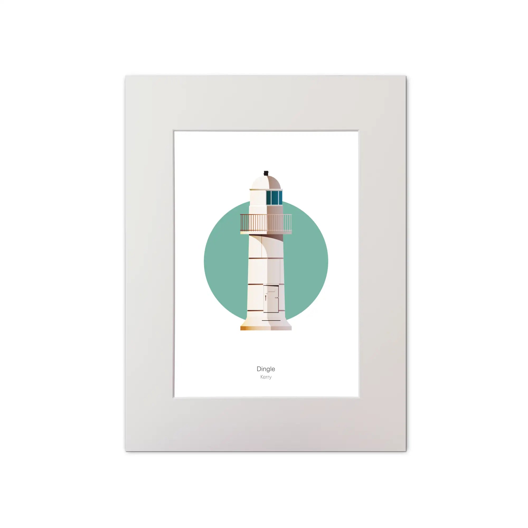 Illustration of Dingle lighthouse on a white background inside light blue square, mounted and measuring 30x40cm.