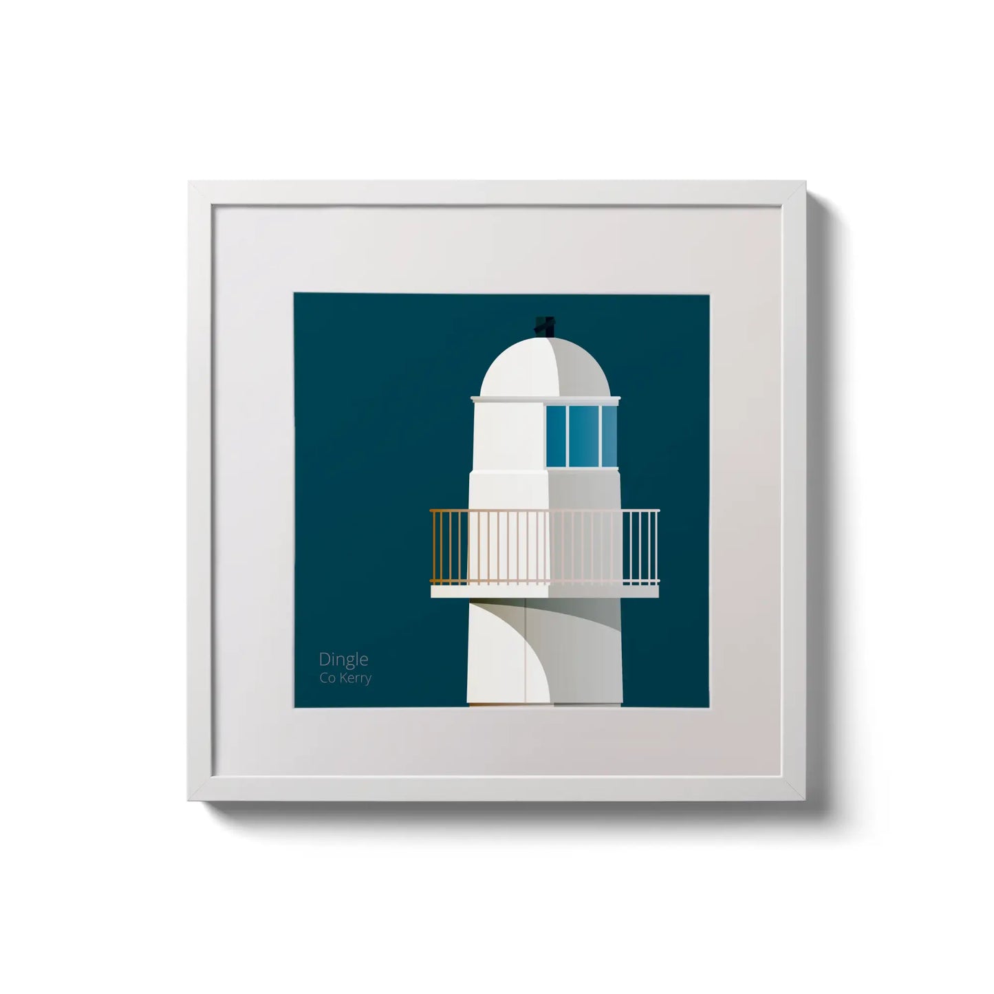 Illustration of Dingle lighthouse on a midnight blue background,  in a white square frame measuring 20x20cm.