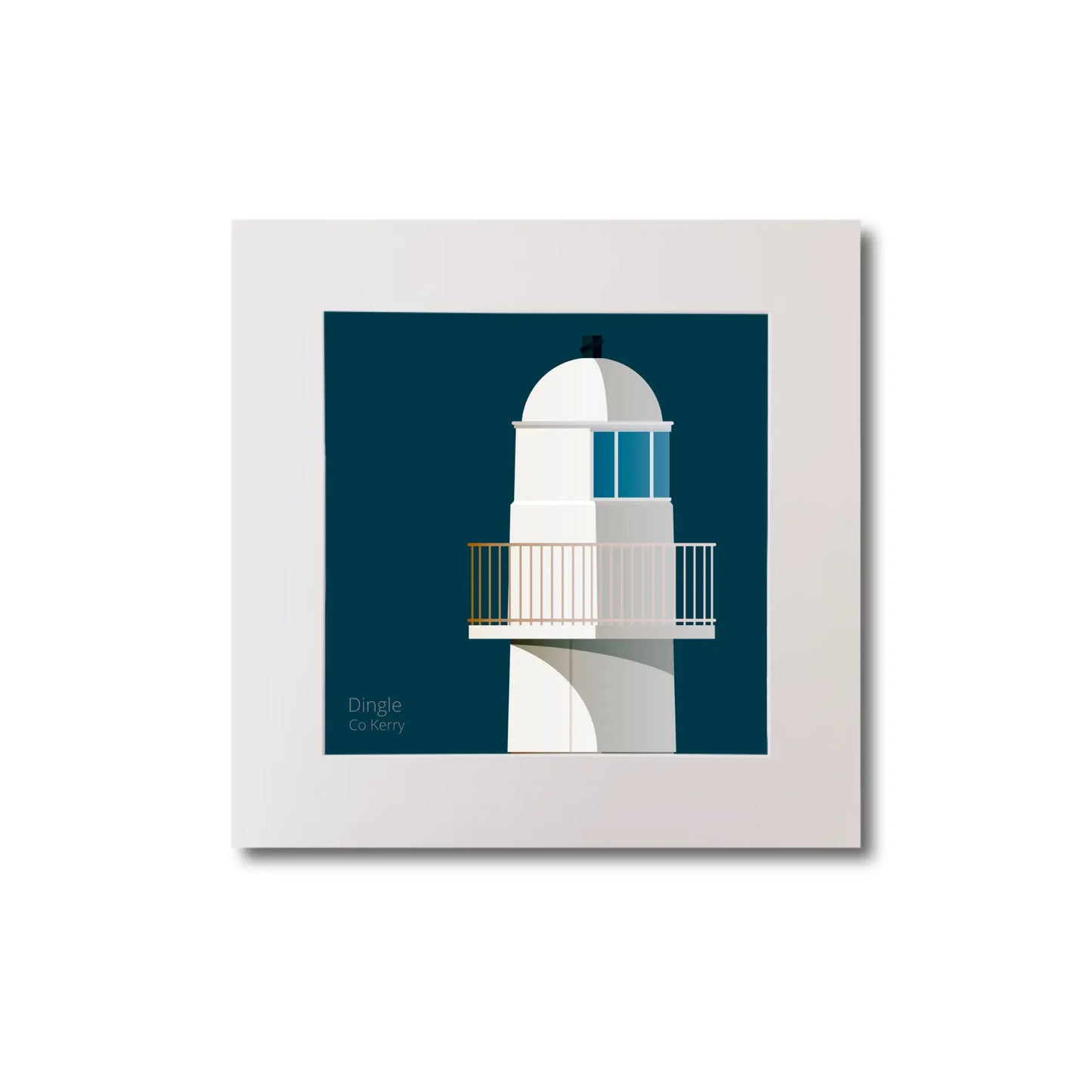 Illustration of Dingle lighthouse on a midnight blue background, mounted and measuring 20x20cm.