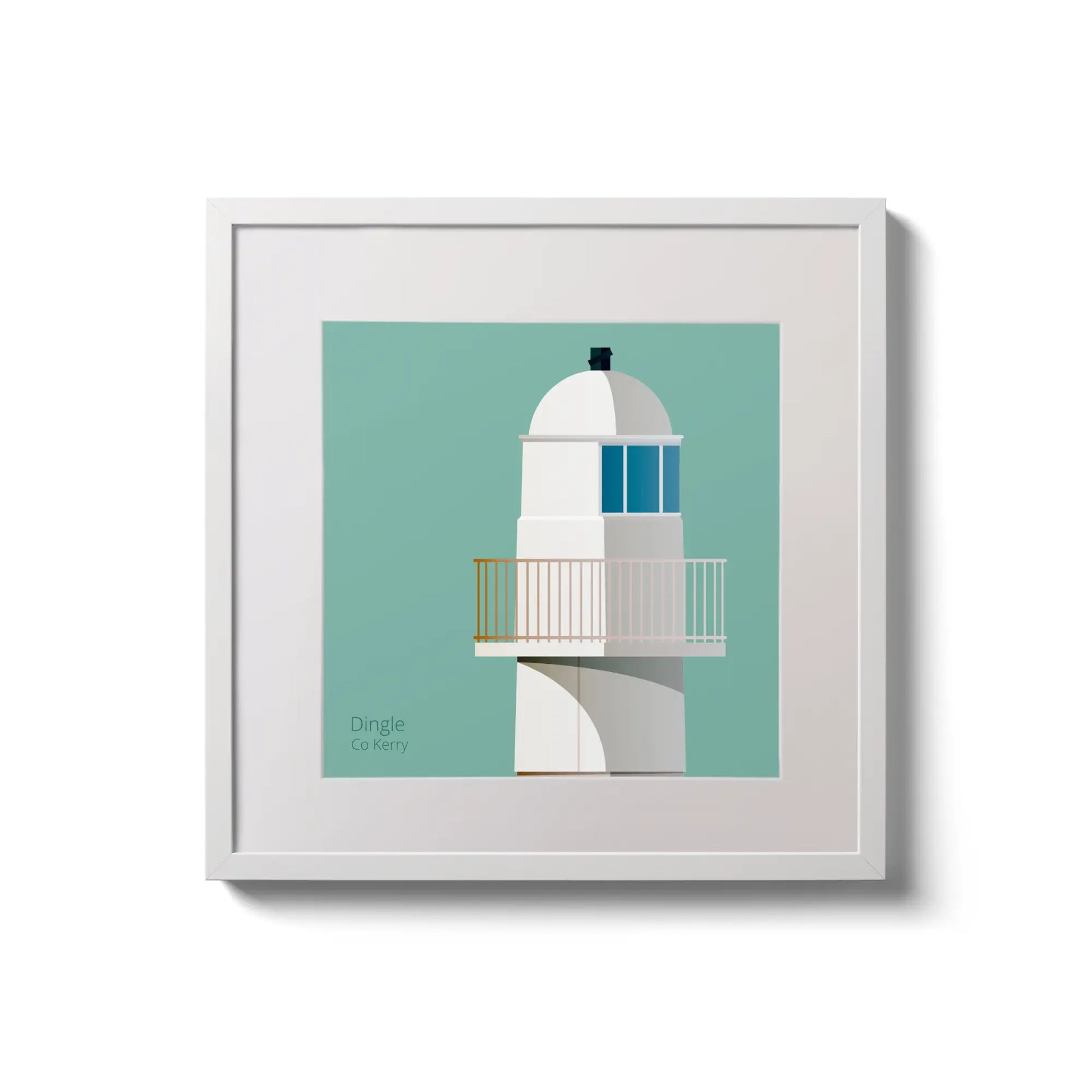 Illustration of Dingle lighthouse on an ocean green background,  in a white square frame measuring 20x20cm.