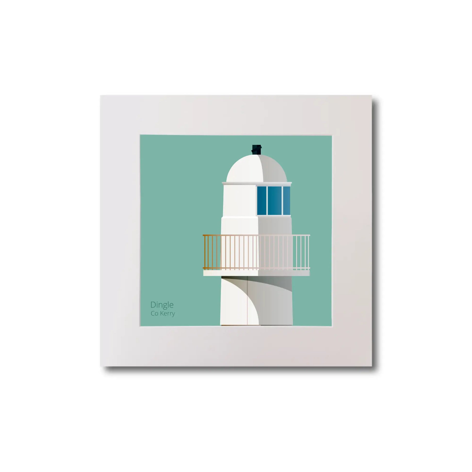 Illustration of Dingle lighthouse on an ocean green background, mounted and measuring 20x20cm.