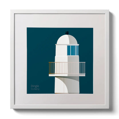 Illustration of Dingle lighthouse on a midnight blue background,  in a white square frame measuring 30x30cm.