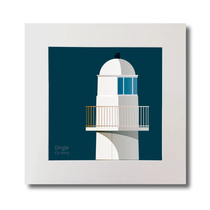 Illustration of Dingle lighthouse on a midnight blue background, mounted and measuring 30x30cm.